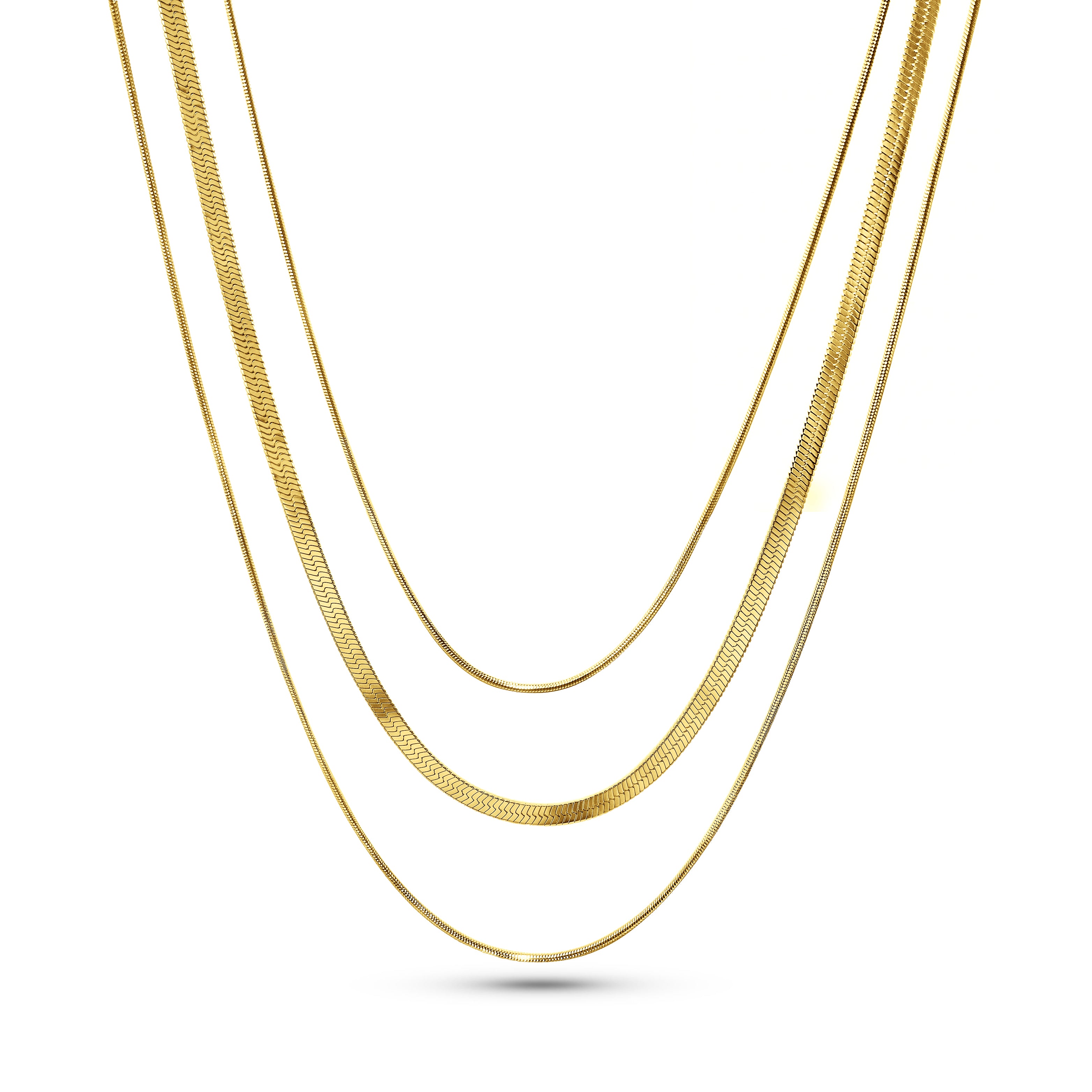 RALLUNA triple layer herringbone necklace in 18K gold finish on white background