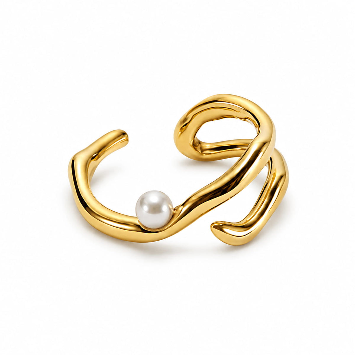 Gold plated stainless steel pearl twist ring front view