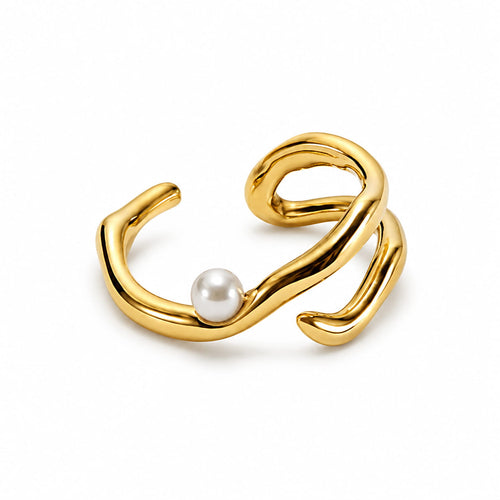 Gold plated stainless steel pearl twist ring front view