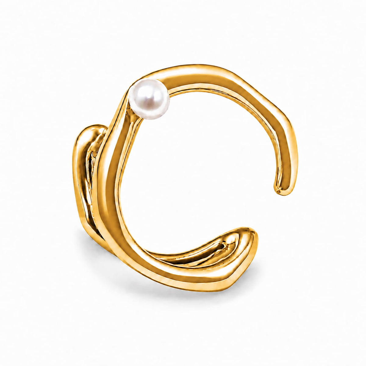 Gold stainless steel pearl twist ring upright angle view