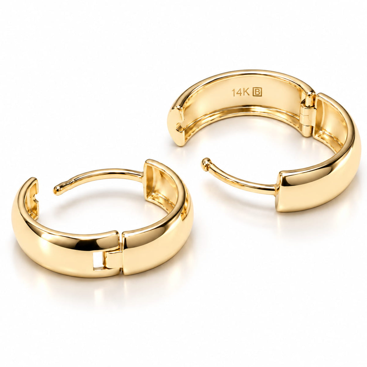 14K solid yellow gold huggie hoop earrings with open hinged closures.
