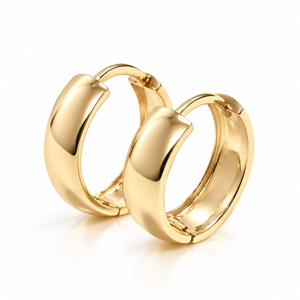 14K solid yellow gold huggie hoop earrings with a polished finish and hinged closures
