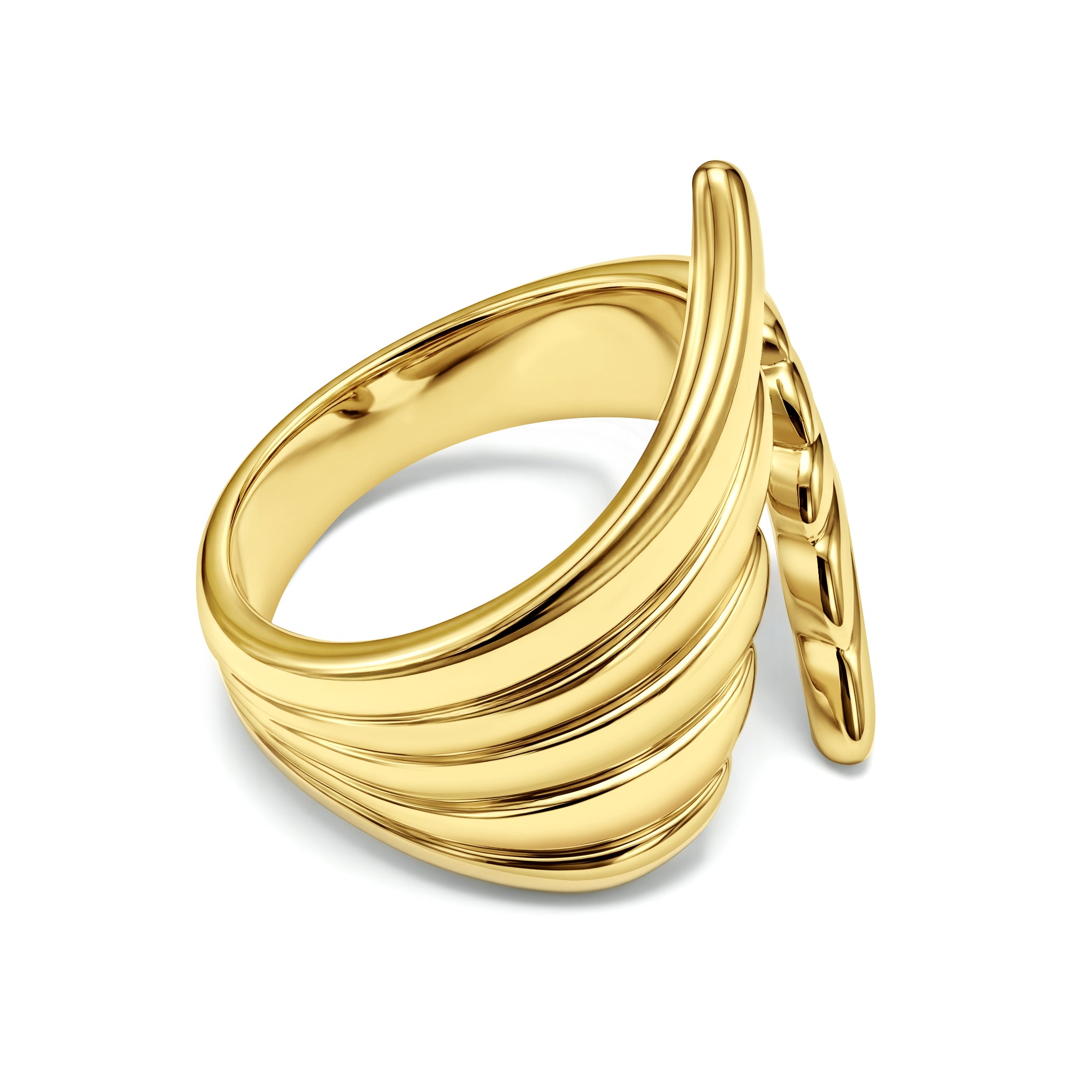 RALLUNA Sculptural Angel Wing Ring in gold-tone 316 stainless steel, three-quarter angle view