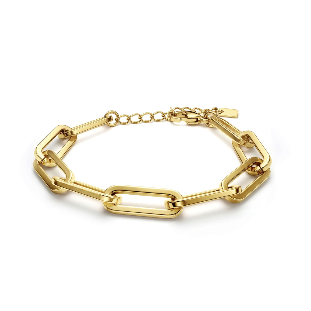 RALLUNA Sculptural Paperclip Chain Bracelet in gold-tone 316 stainless steel with a rolo chain extender on a clean white background