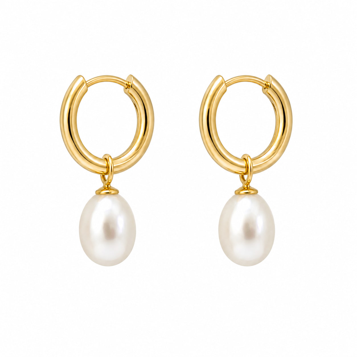 14K gold plated sterling silver pearl huggie hoop earrings with freshwater pearls.