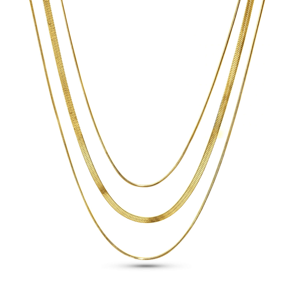 RALLUNA Triple Layer Herringbone Necklace in gold-tone 316 stainless steel on a clean white background
