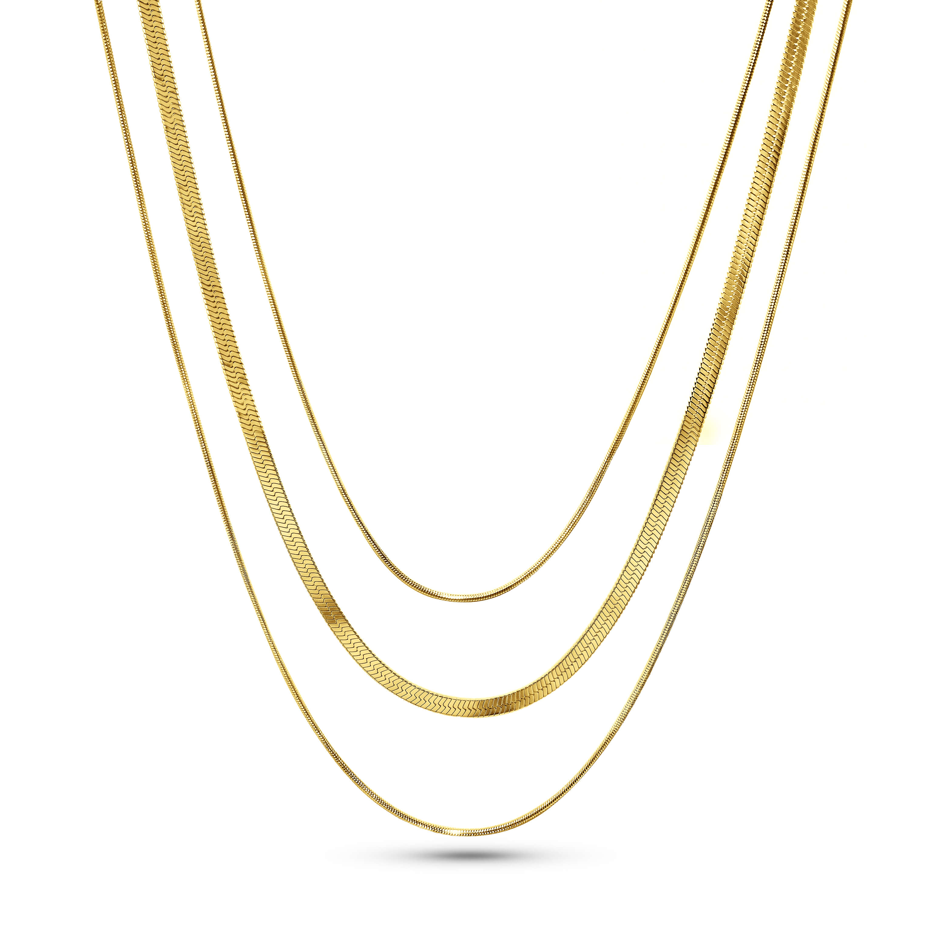 RALLUNA Triple Layer Herringbone Necklace in gold-tone 316 stainless steel on a clean white background