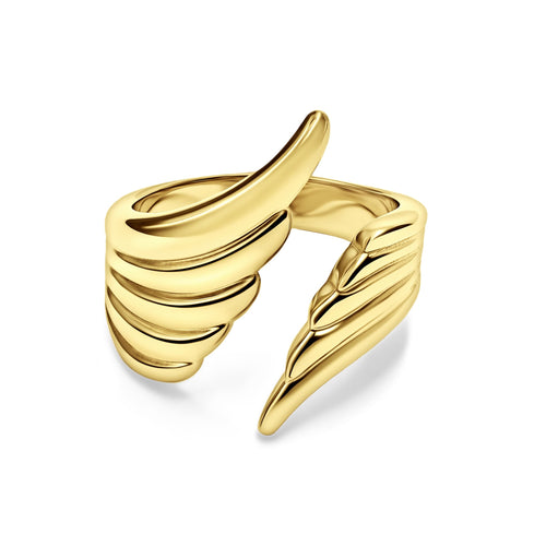 RALLUNA Angel Wing Ring in 18K gold-plated stainless steel, front view