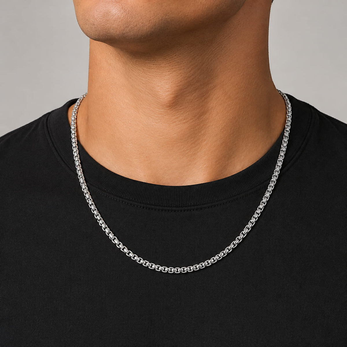 925 sterling silver round box chain necklace worn by model