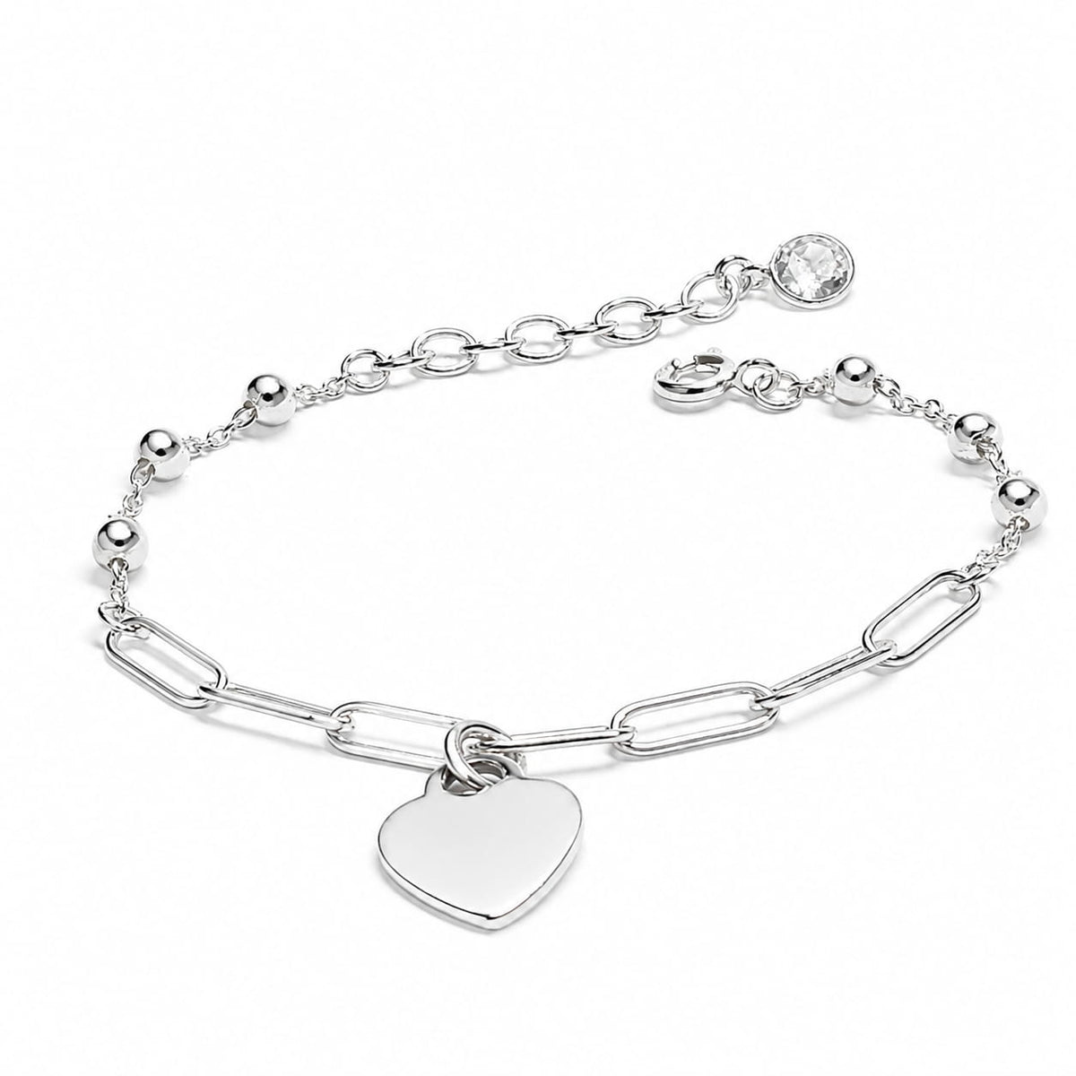 925 sterling silver heart paperclip bracelet angled view