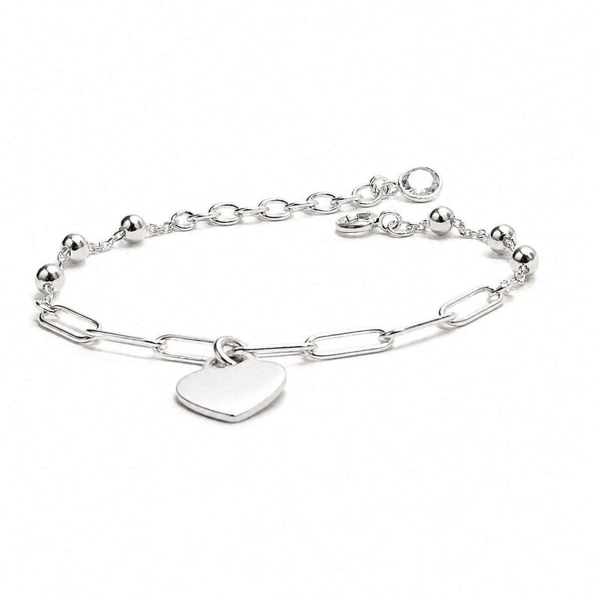 925 sterling silver heart paperclip bracelet side view
