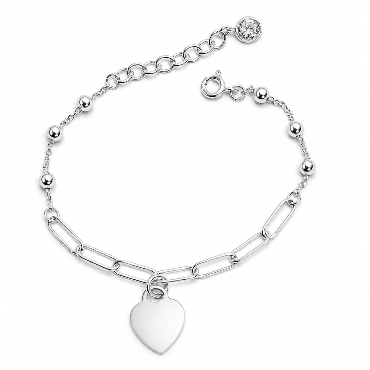 925 sterling silver heart paperclip bracelet top view