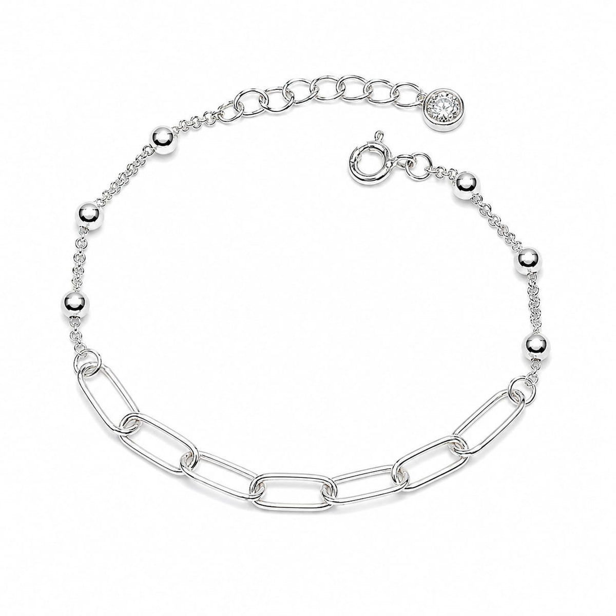 925 sterling silver paperclip and bead bracelet on white background