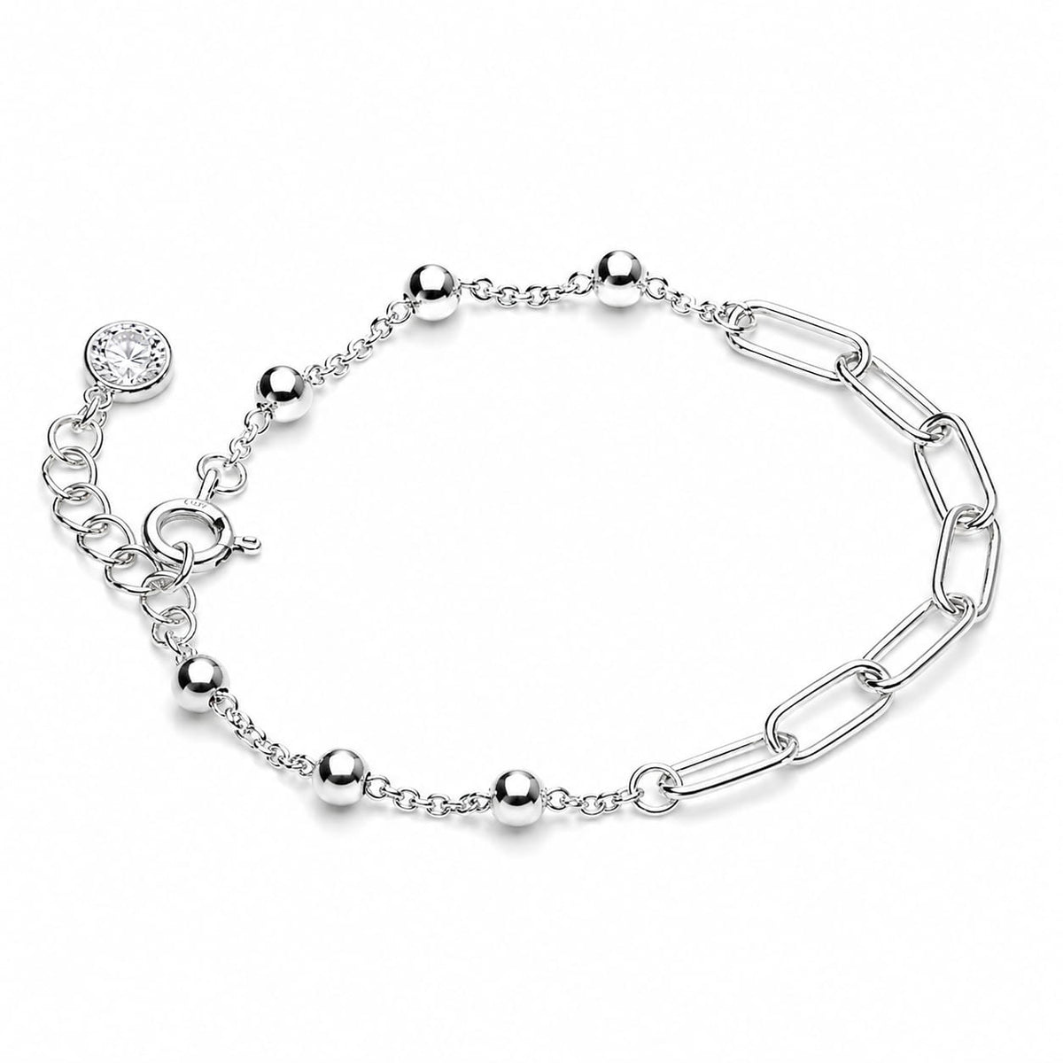 925 sterling silver paperclip and bead bracelet side view