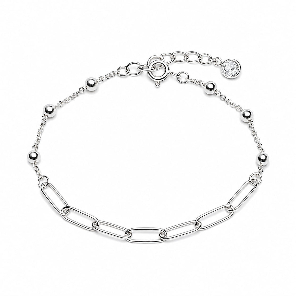 925 sterling silver paperclip and bead bracelet top view