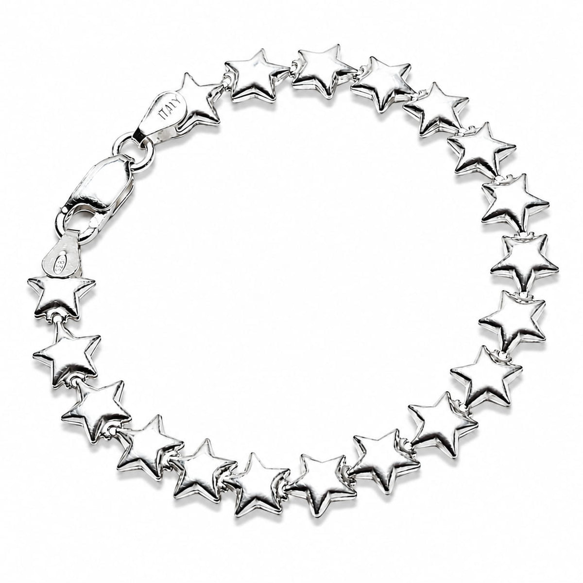925 sterling silver puffed star bracelet top view on white background