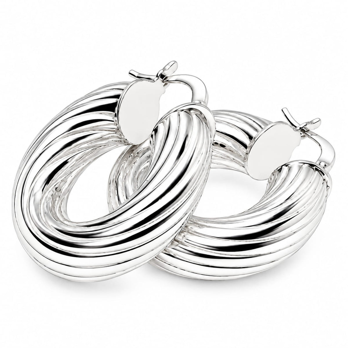 Polished 925 sterling silver ribbed hoop earrings with hinged snap closures.