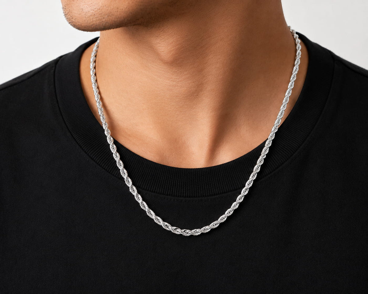 Model wearing a 925 sterling silver rope chain necklace